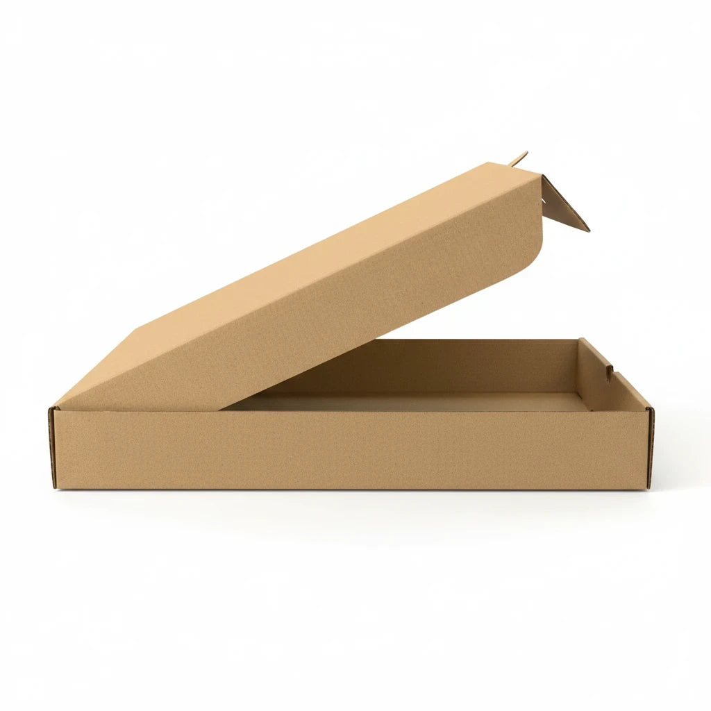 Food Packaging Direct 12-inch plain brown cardboard pizza box with lid partially open on a white background