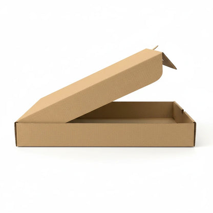 Food Packaging Direct 12-inch plain brown cardboard pizza box with lid partially open on a white background