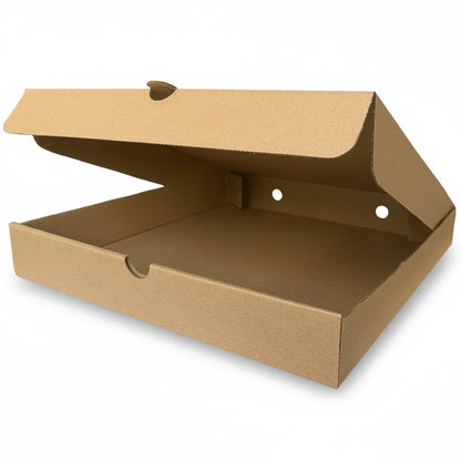 Food Packaging Direct 12-inch plain brown cardboard pizza box with a hinged lid for food delivery