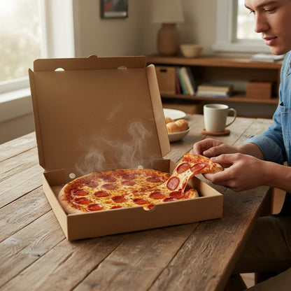 Food Packaging Direct 12-inch plain brown cardboard pizza box with a steaming pepperoni pizza on a wooden table