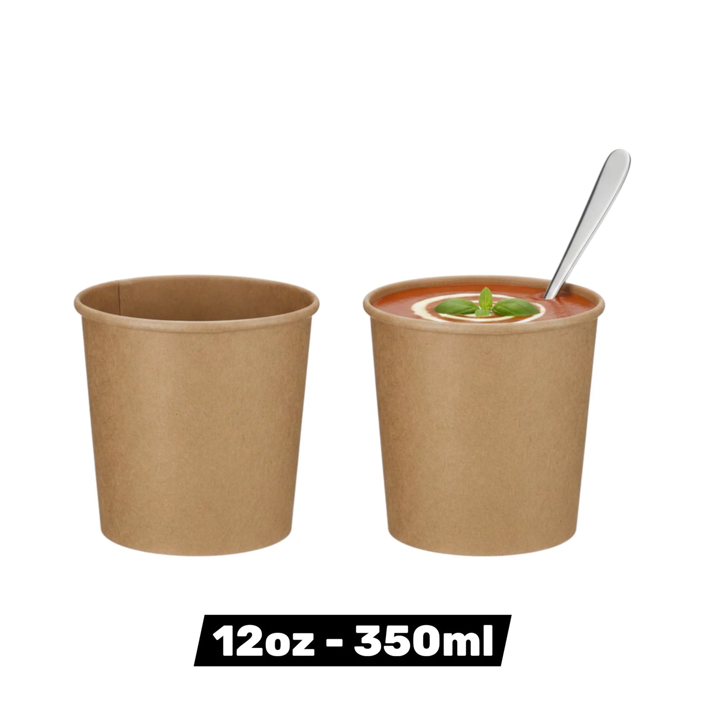 Food Packaging Direct 12oz kraft paper soup containers, one empty and one filled with tomato soup and a spoon.