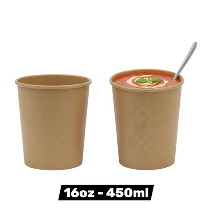 Food Packaging Direct 16oz kraft paper soup containers, one empty and one filled with tomato soup and a spoon.
