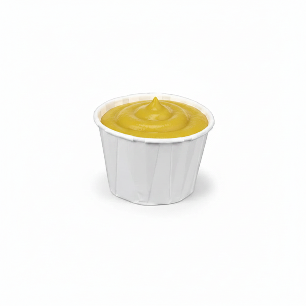 Food Packaging Direct 1oz white paper souffle cup filled with yellow mustard, featuring a rolled rim and pleated sides.