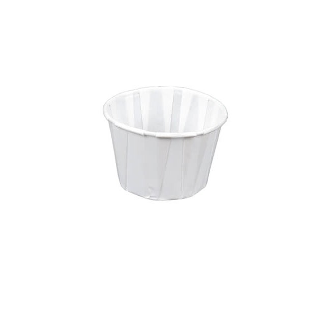 Food Packaging Direct 1oz white paper souffle cup with a rolled rim and pleated design for condiments