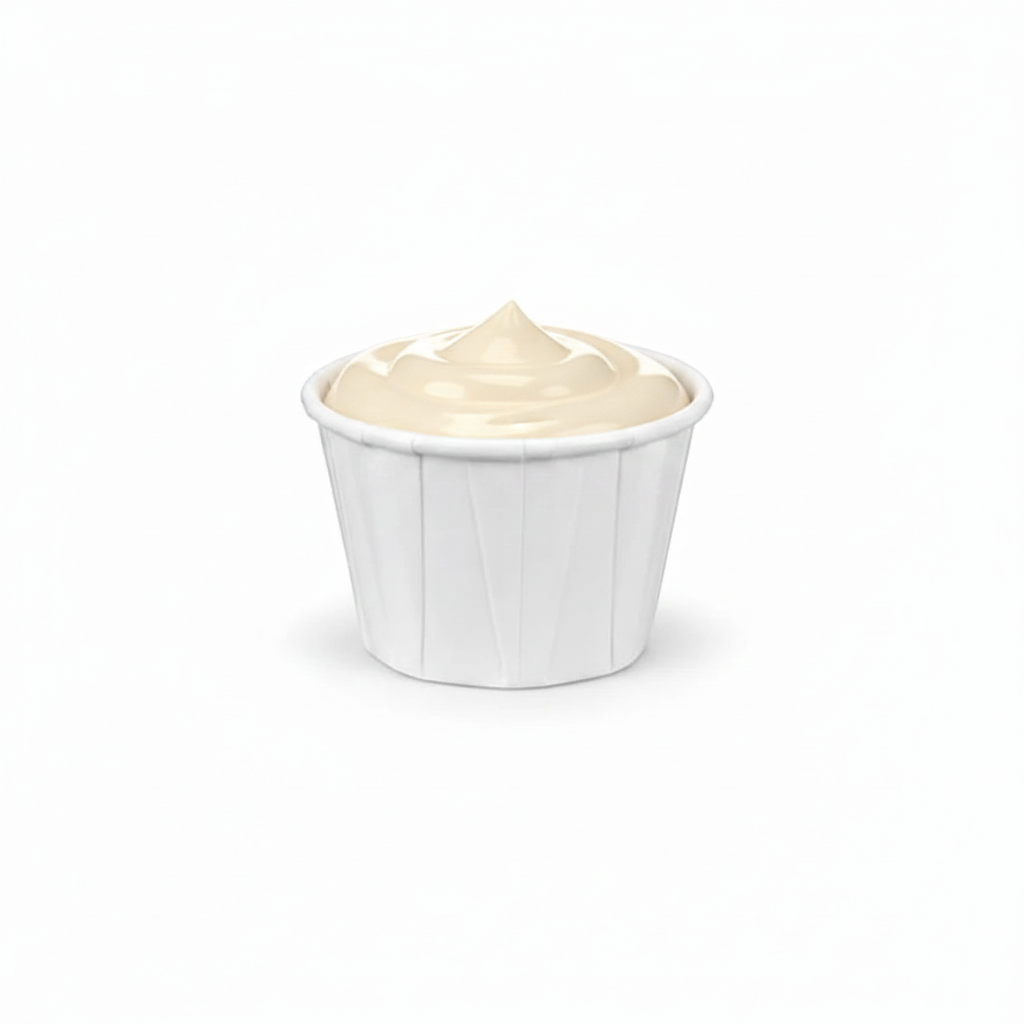 Food Packaging Direct 1oz white paper souffle cup filled with creamy condiment against a clean white background