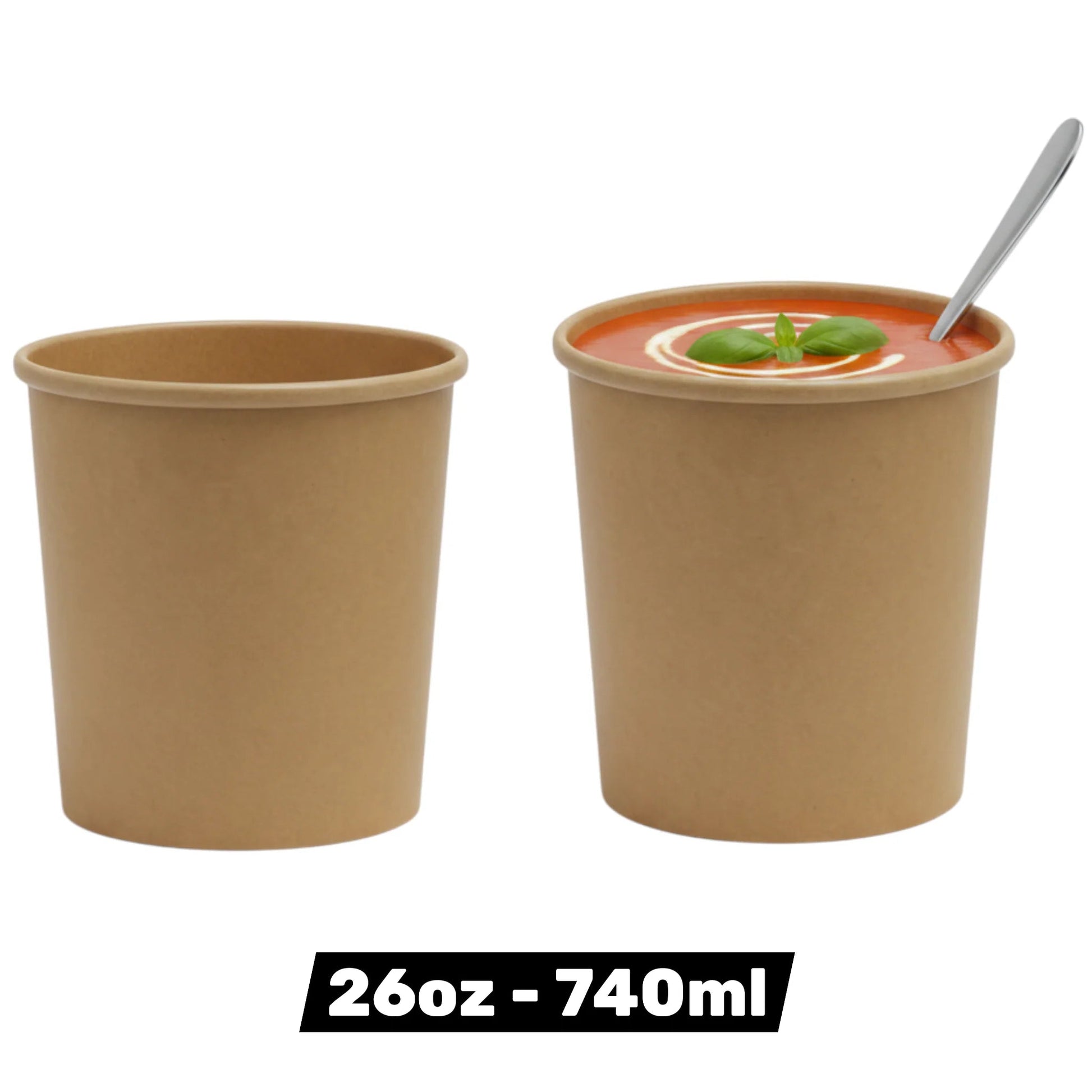 Food Packaging Direct 26oz kraft paper soup containers, one empty and one filled with tomato soup and a spoon.
