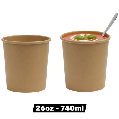 Food Packaging Direct 26oz kraft paper soup containers, one empty and one filled with tomato soup and a spoon.