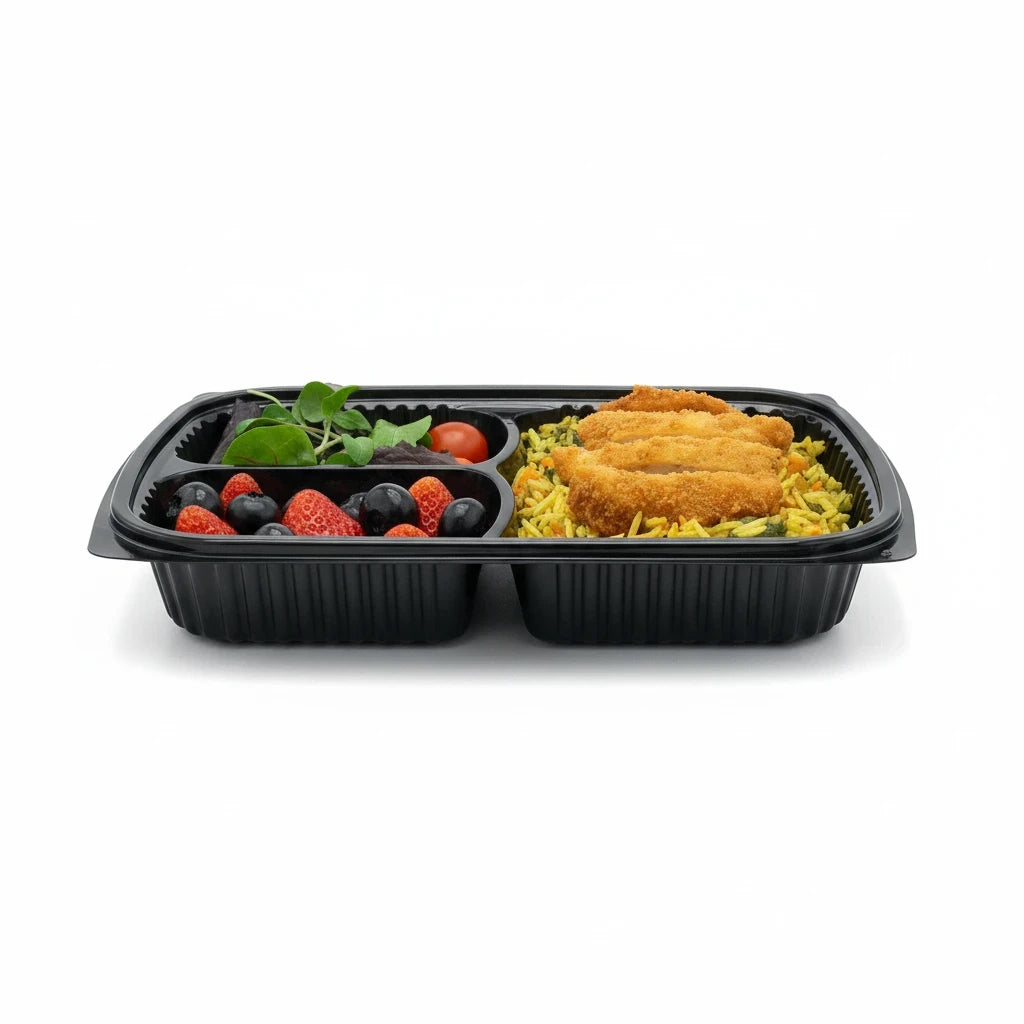 Food Packaging Direct black 3 compartment microwaveable meal prep container filled with chicken, rice, and fruit.