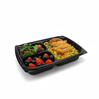 Food Packaging Direct black 3-compartment microwaveable meal prep container filled with chicken, rice, and fruit.