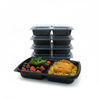 Food Packaging Direct Somoplast 3 compartment black microwaveable food containers stacked with a meal prep serving
