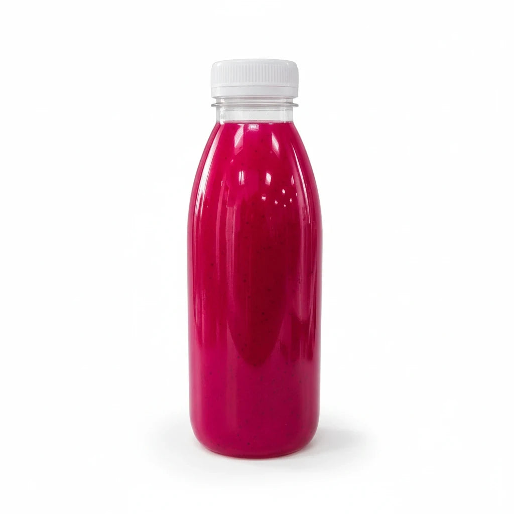Food Packaging Direct 330ml clear PET plastic bottle filled with vibrant pink smoothie and white screw cap