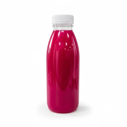 Food Packaging Direct 330ml clear PET plastic bottle filled with vibrant pink smoothie and white screw cap