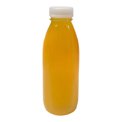 Food Packaging Direct 500ml clear PET plastic bottle filled with orange juice and a white tamper evident cap