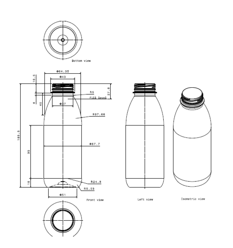Food Packaging Direct technical drawing of a 500ml clear plastic bottle showing dimensions and views.