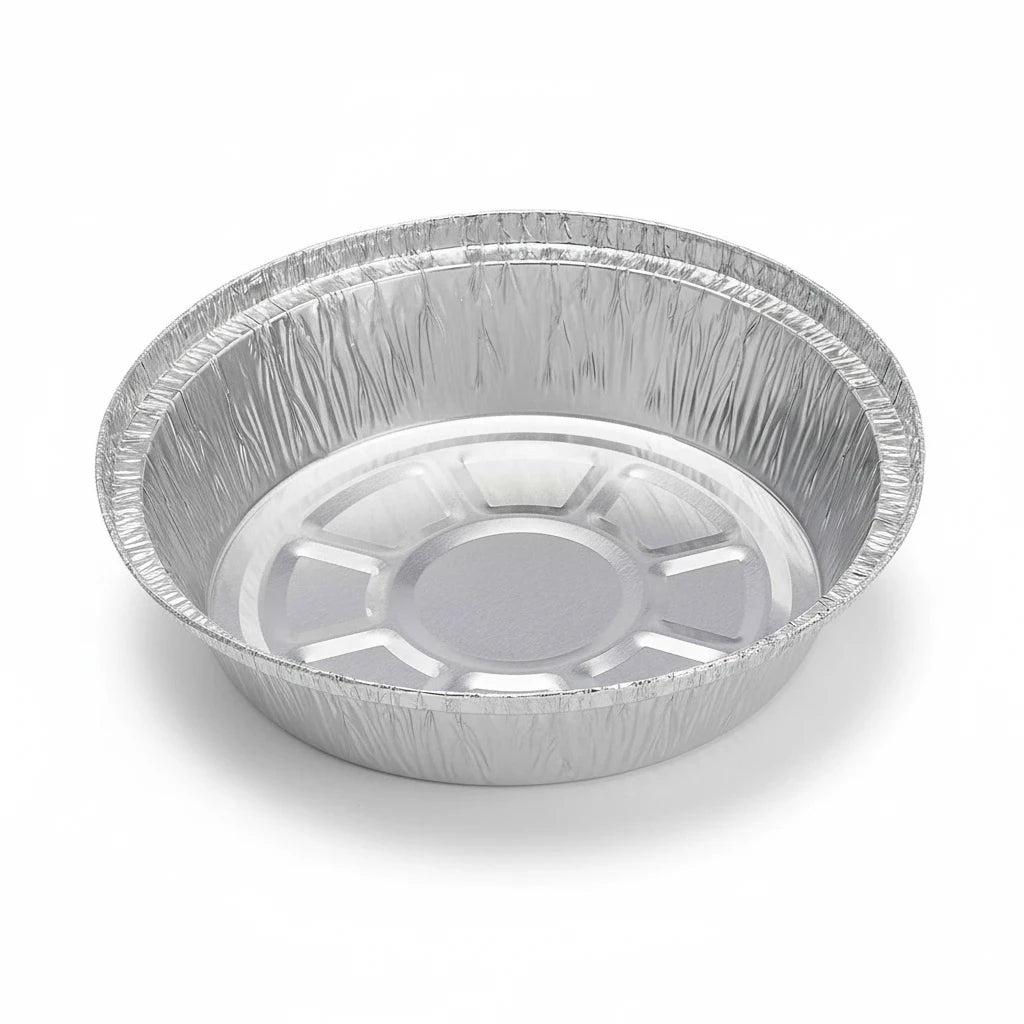 Food Packaging Direct 7-inch round aluminium foil container base for takeaway food storage and oven use.