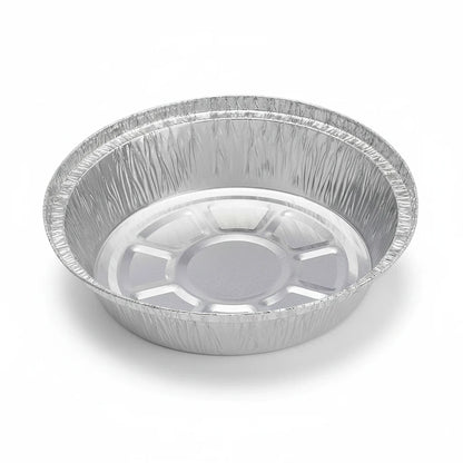 Food Packaging Direct 7-inch round aluminium foil container base for takeaway food storage and oven use.
