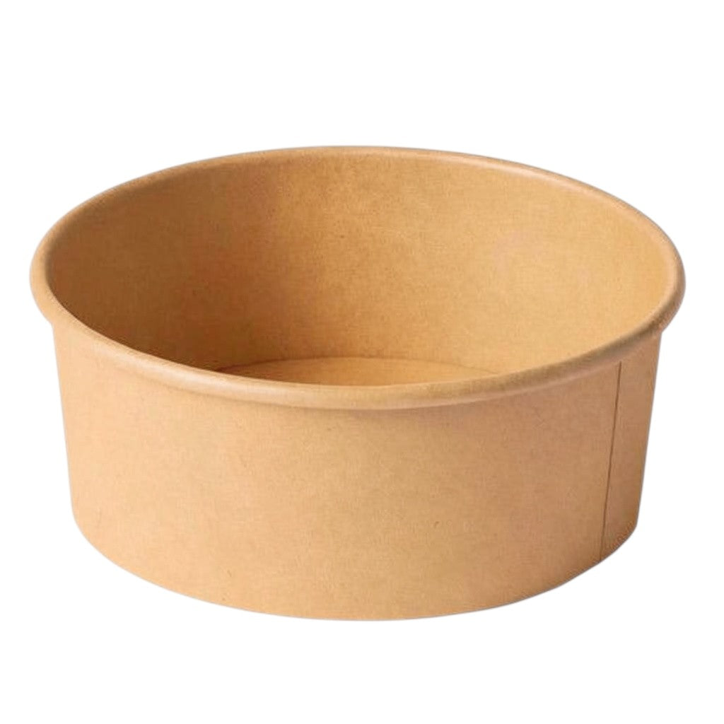 Food Packaging Direct 750cc round kraft paper food bowl for takeaway meals, eco-friendly and microwave safe design.