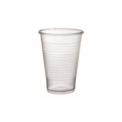 Food Packaging Direct 7oz clear disposable plastic water cup with a ribbed design for catering and events