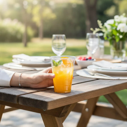Food Packaging Direct 7oz clear plastic cup filled with orange juice and fruit garnish on an outdoor wooden table