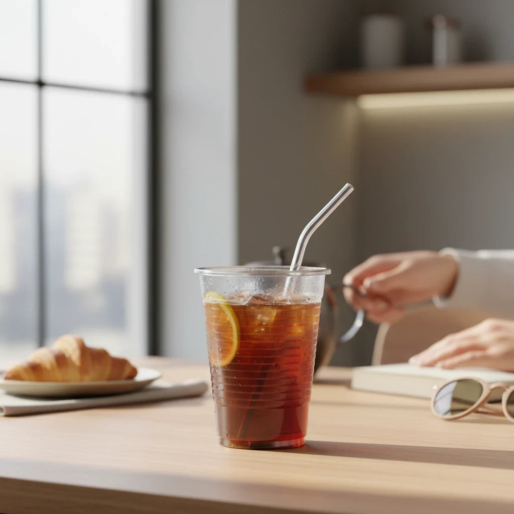 Food Packaging Direct 7oz clear plastic cup filled with iced tea and a lemon slice on a wooden table