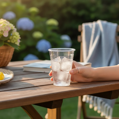 Food Packaging Direct 7oz clear plastic cup filled with ice held by a hand on an outdoor wooden table