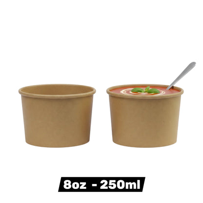Food Packaging Direct 8oz kraft paper soup containers, one empty and one filled with tomato soup and a spoon.
