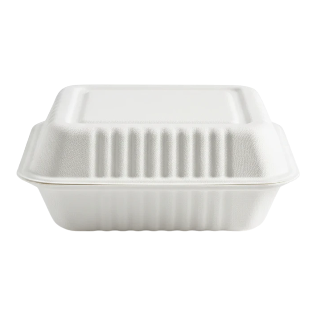 Food Packaging Direct 9-inch white bagasse clamshell takeaway container made from sustainable sugarcane pulp
