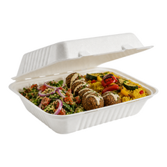 9x9x3 bagasse lunch box filled with falafel, turmeric rice, grilled vegetables and tabbouleh salad on a white background.
