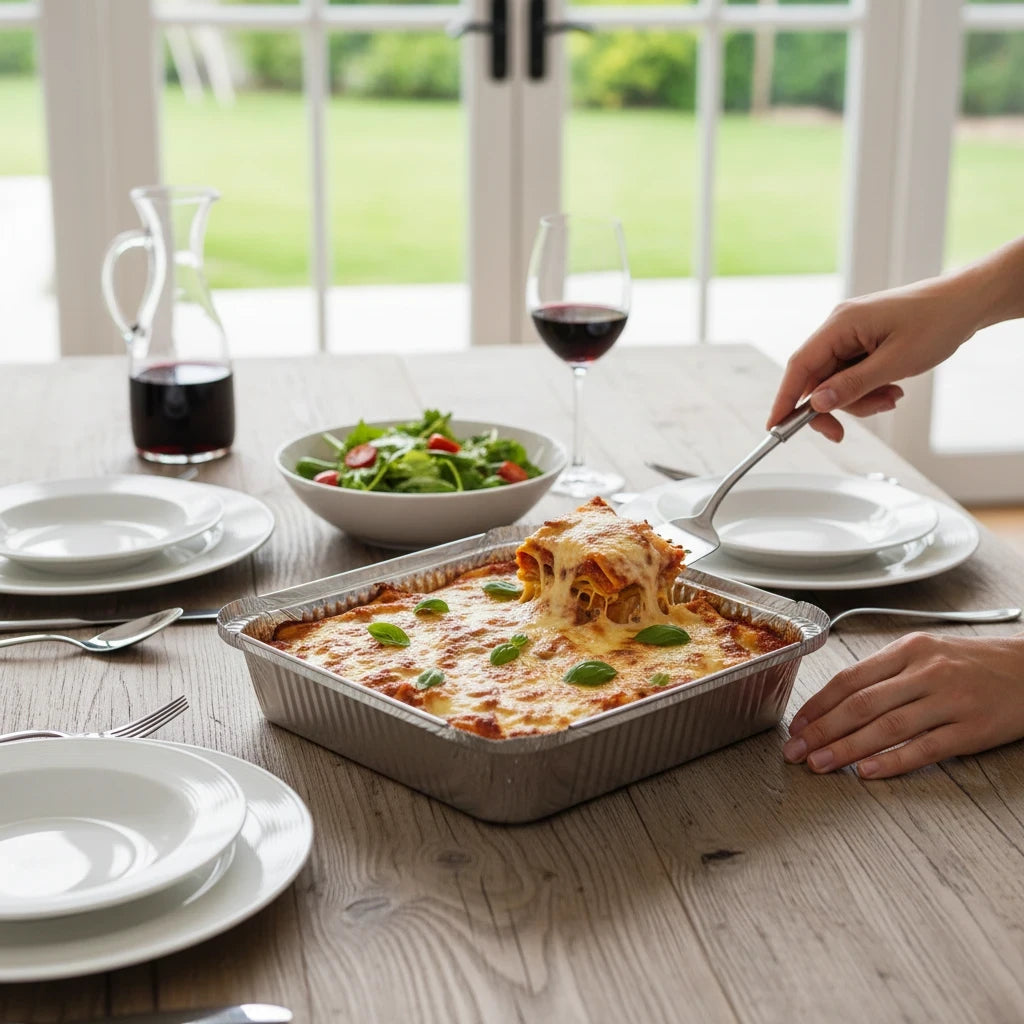 Food Packaging Direct 9x9x1.5 inch aluminium foil takeaway container filled with baked lasagna on a dining table