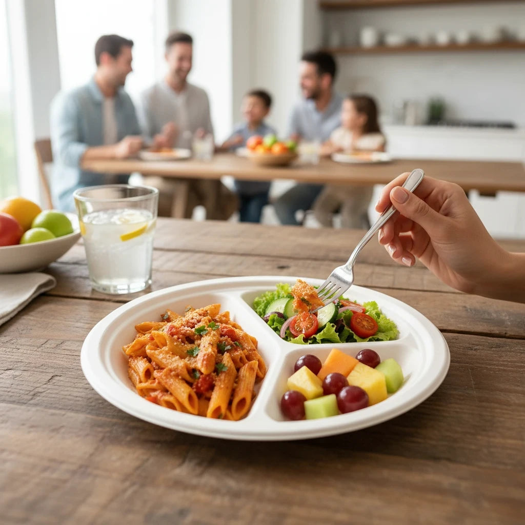 Food Packaging Direct 10-inch compostable bagasse 3-compartment round plate with pasta, salad, and fruit