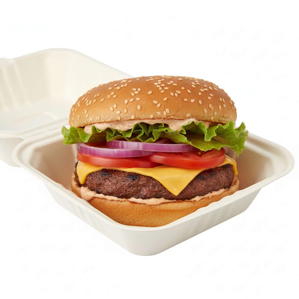 Food Packaging Direct 6-inch biodegradable bagasse burger box containing a fresh cheeseburger with lettuce and tomato.