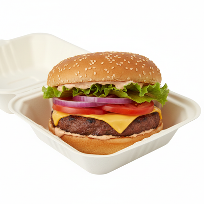 Food Packaging Direct 6-inch biodegradable bagasse burger box containing a fresh cheeseburger with lettuce and tomato.