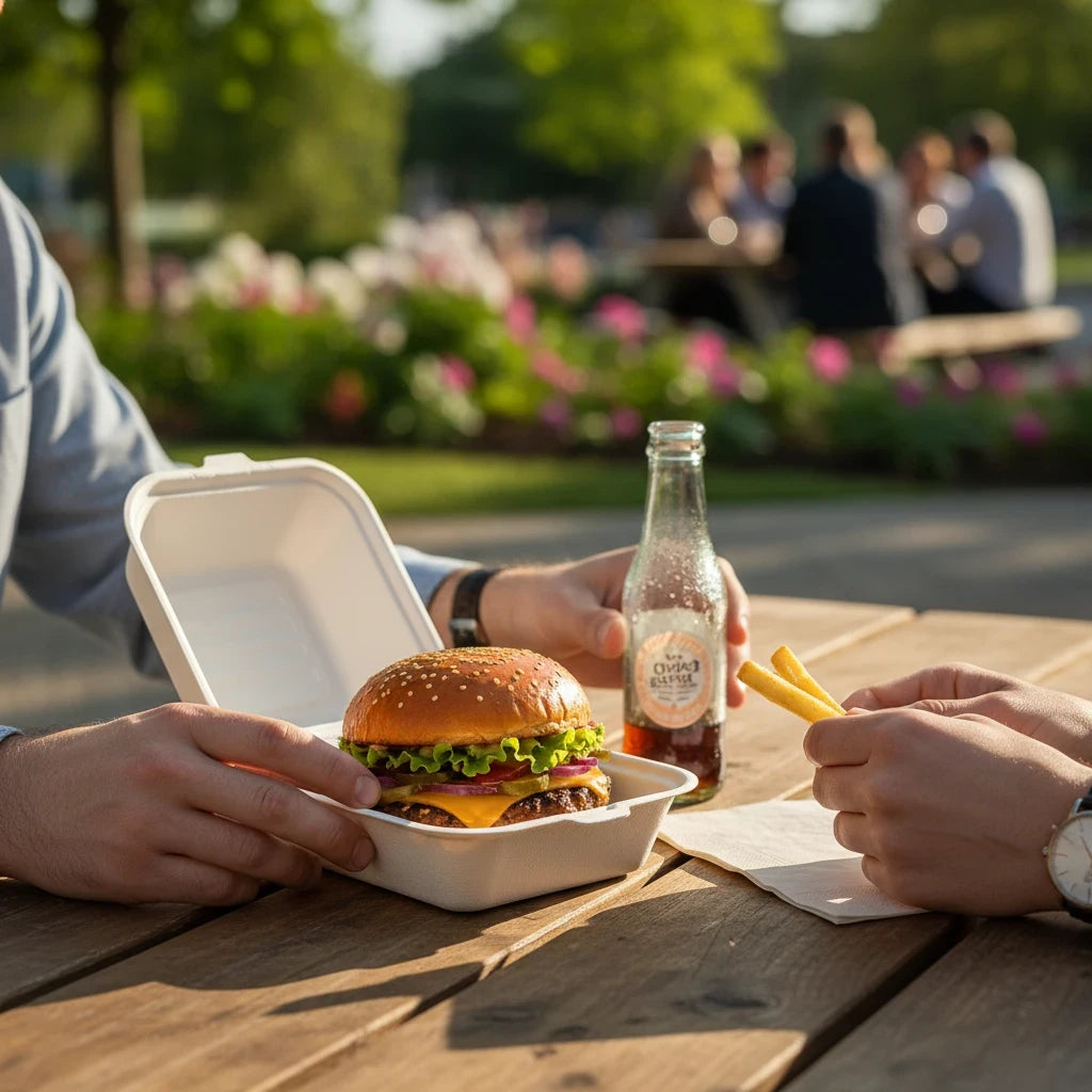 Food Packaging Direct 6-inch biodegradable bagasse burger box holding a fresh burger on an outdoor picnic table