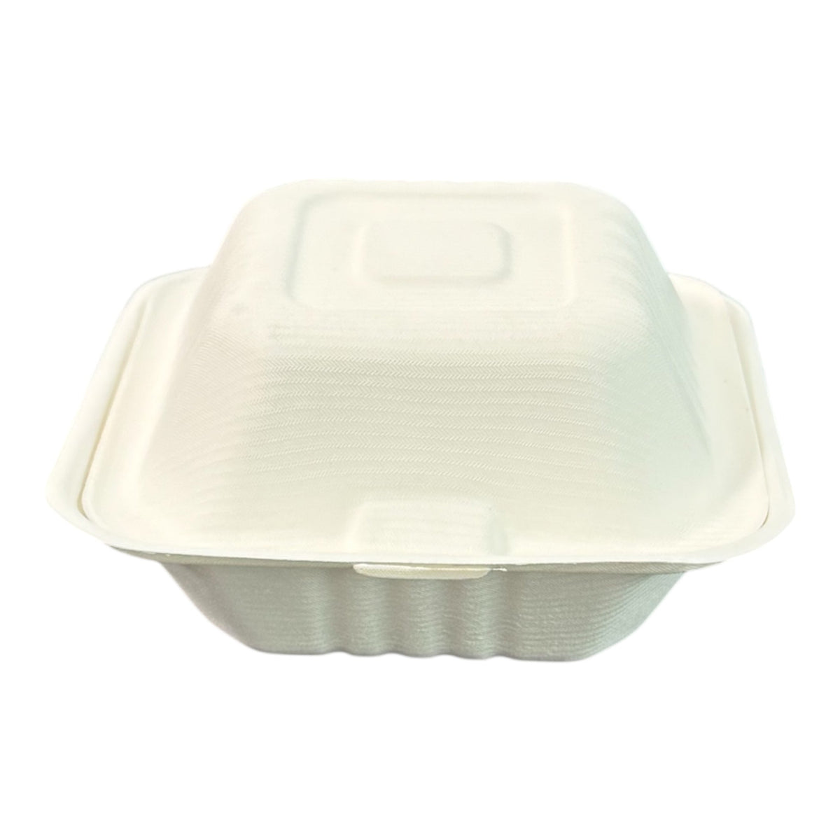 Food Packaging Direct 6-inch biodegradable bagasse burger box in off-white, ideal for hot and oily takeaway food.