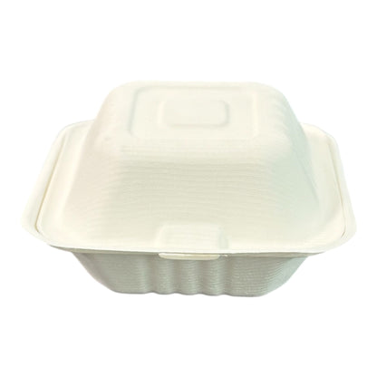 Food Packaging Direct 6-inch biodegradable bagasse burger box in off-white, ideal for hot and oily takeaway food.