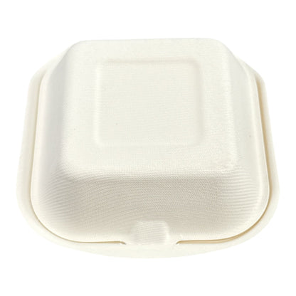 Food Packaging Direct 5-inch biodegradable bagasse burger box in off-white, ideal for hot takeaway food.