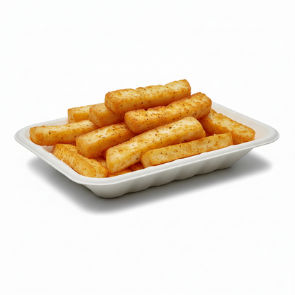 Food Packaging Direct compostable bagasse chippy tray filled with seasoned golden fries on a white background