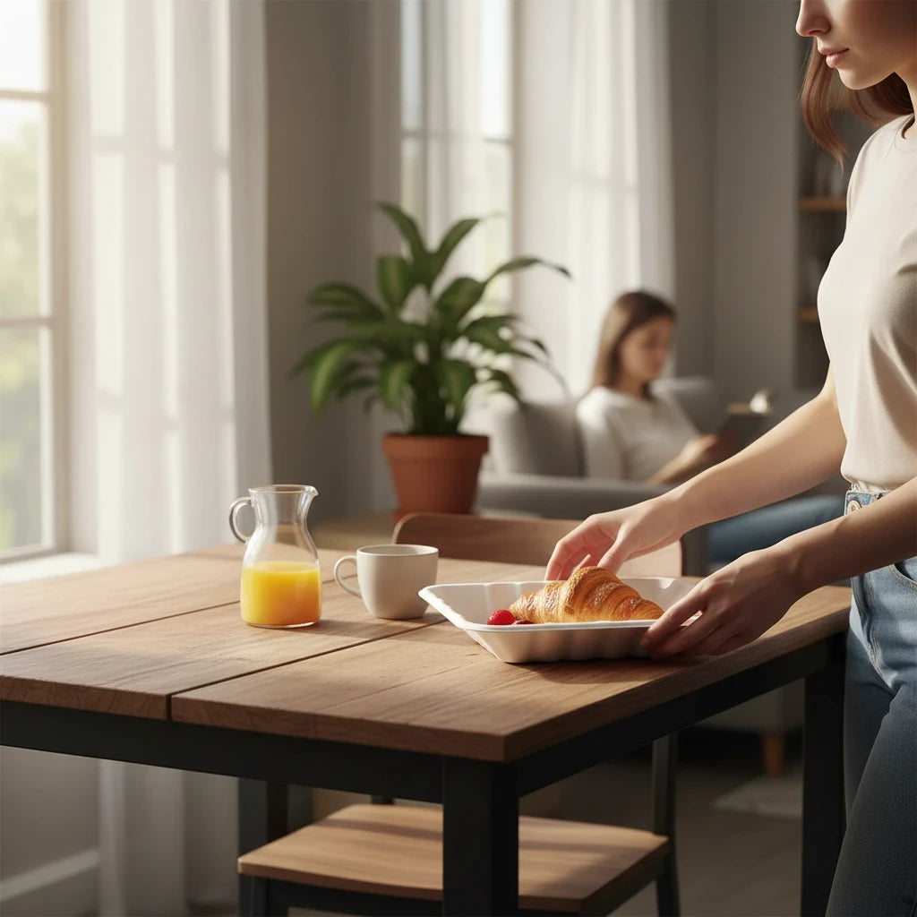 Food Packaging Direct compostable bagasse chippy tray holding a croissant on a wooden table in a bright home setting