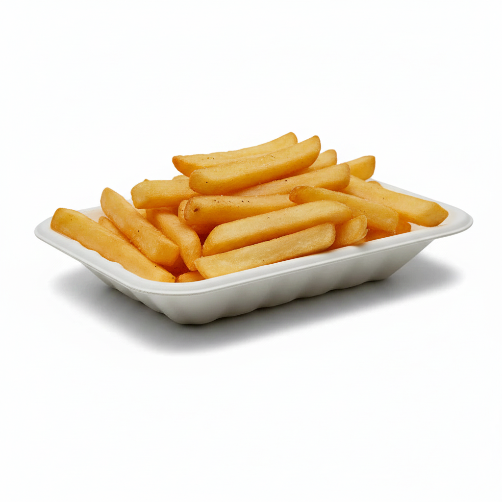 Food Packaging Direct compostable bagasse chippy tray filled with golden crispy french fries on a white background