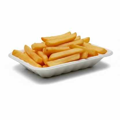 Food Packaging Direct compostable bagasse chippy tray filled with golden crispy french fries on a white background
