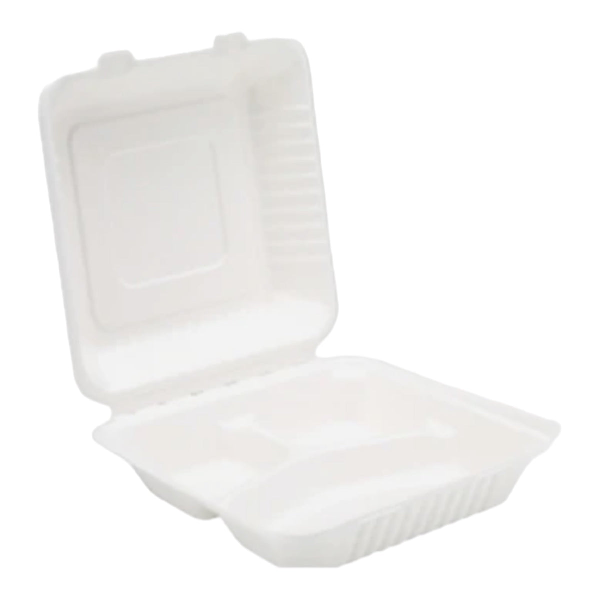 Food Packaging Direct 9-inch white bagasse clamshell takeaway container with three compartments for food separation.