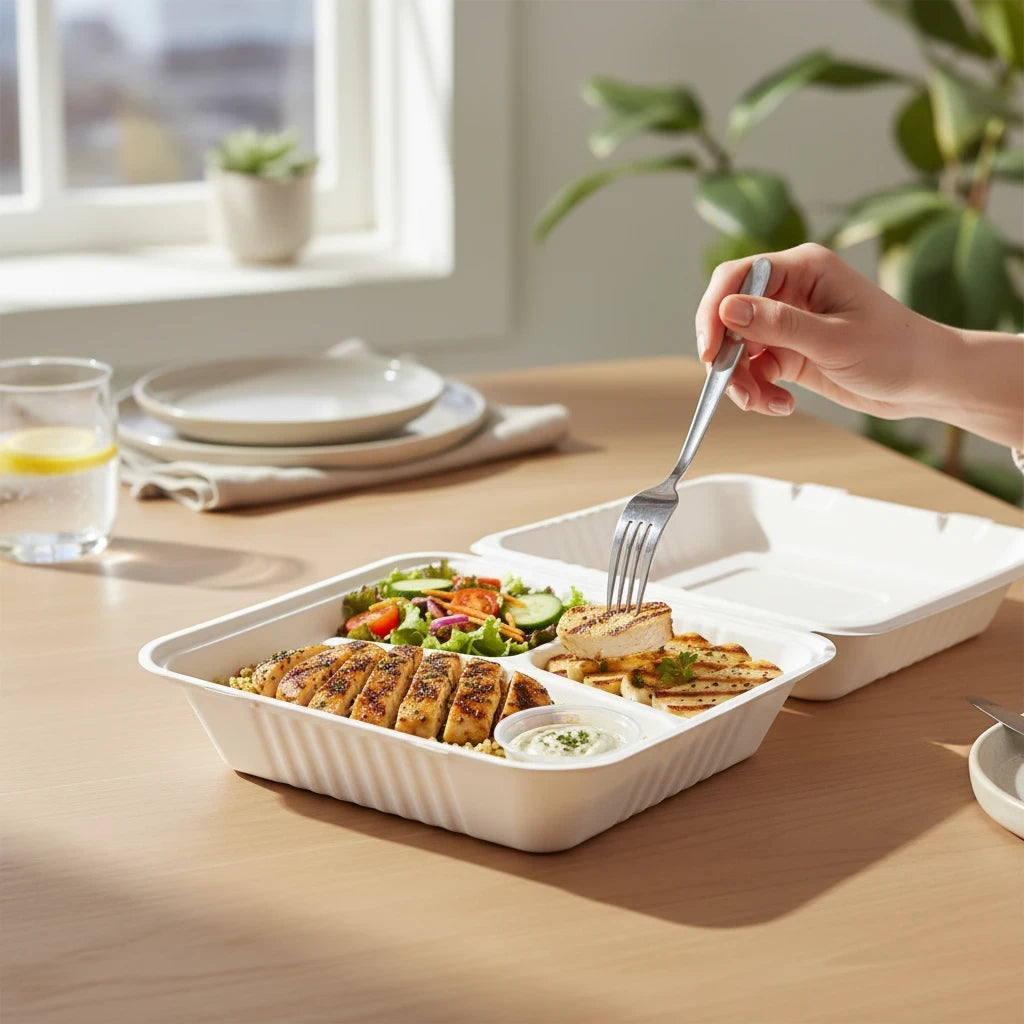 Food Packaging Direct 9-inch bagasse clamshell container with three compartments holding a healthy grilled meal.