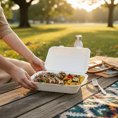 Food Packaging Direct 9-inch white bagasse clamshell container filled with a healthy salad on a picnic table.