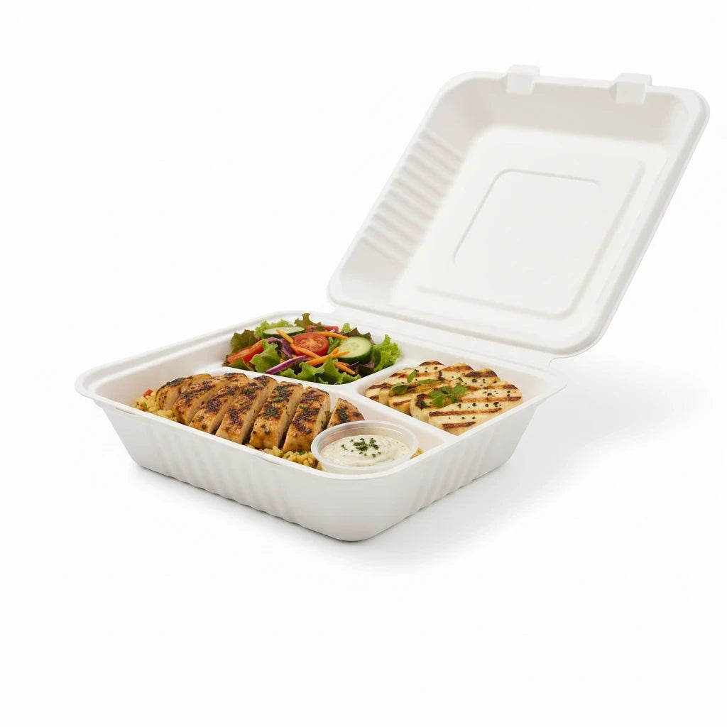 Food Packaging Direct 9-inch bagasse clamshell container with three compartments holding a grilled chicken meal