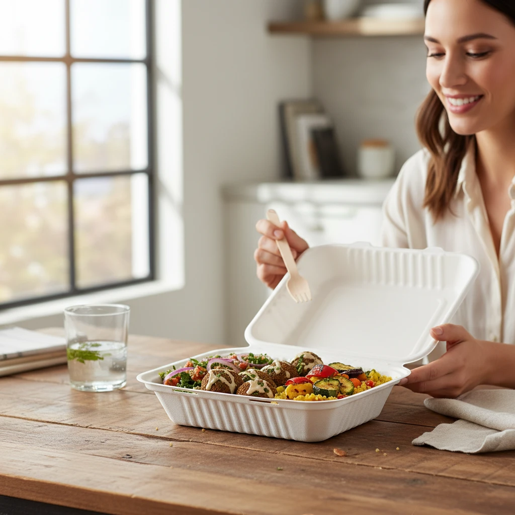 Food Packaging Direct 9-inch white bagasse clamshell container filled with a healthy salad on a wooden table