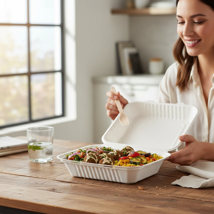 Food Packaging Direct 9-inch white bagasse clamshell container filled with a healthy salad on a wooden table