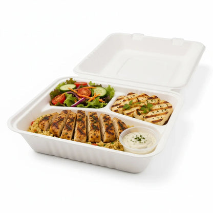 Food Packaging Direct 9-inch bagasse clamshell container with three compartments filled with a healthy meal