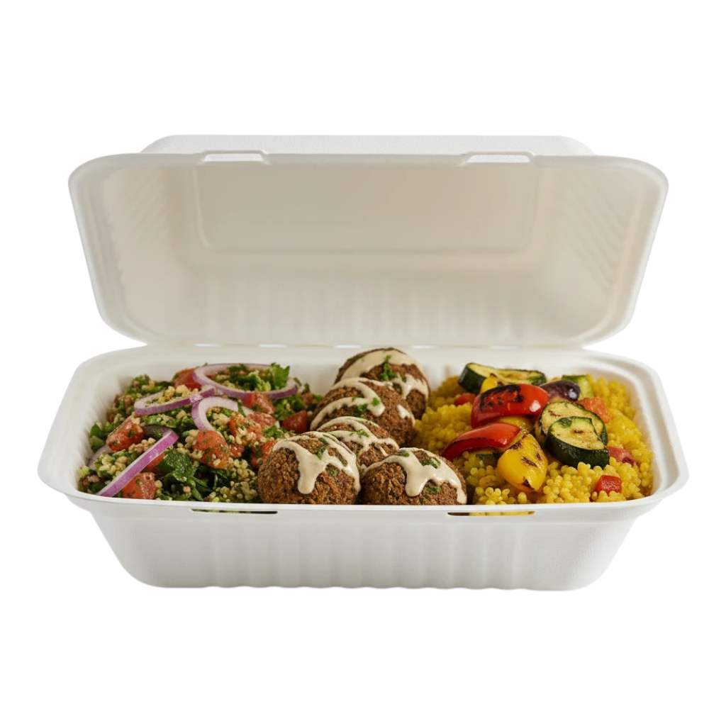 Food Packaging Direct 9-inch white bagasse clamshell container filled with falafel, couscous, and grilled vegetables.