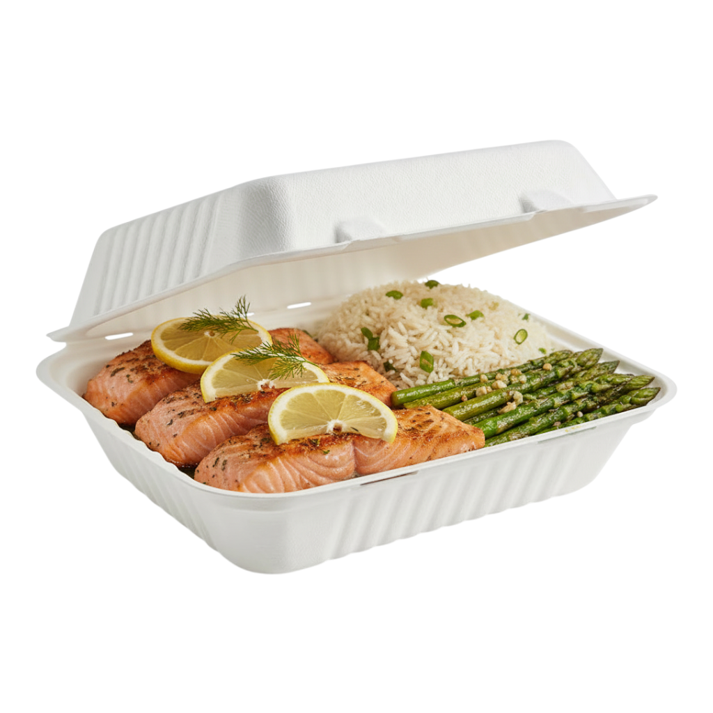 Food Packaging Direct 9-inch white bagasse clamshell container filled with salmon, rice, and asparagus