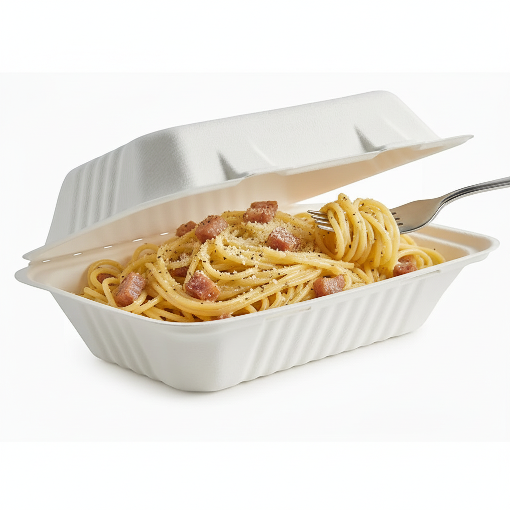 Food Packaging Direct 9x6x3 bagasse clamshell lunch box filled with spaghetti carbonara and a fork